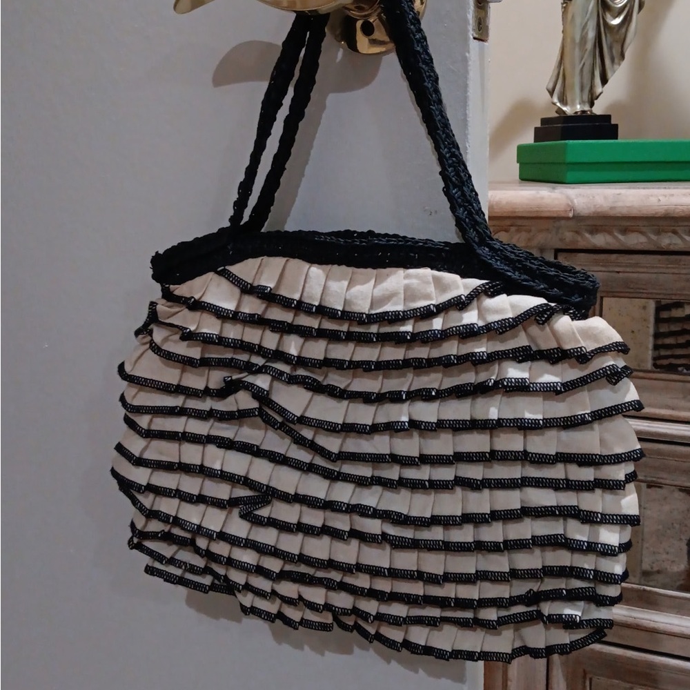 Chic Black and Cream Ruffled Shoulder Bag